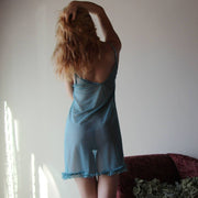 sheer lingerie babydoll with ruffle hem, Mesh Chemise, Blue Nightgown, Ready to Ship, Various Sizes