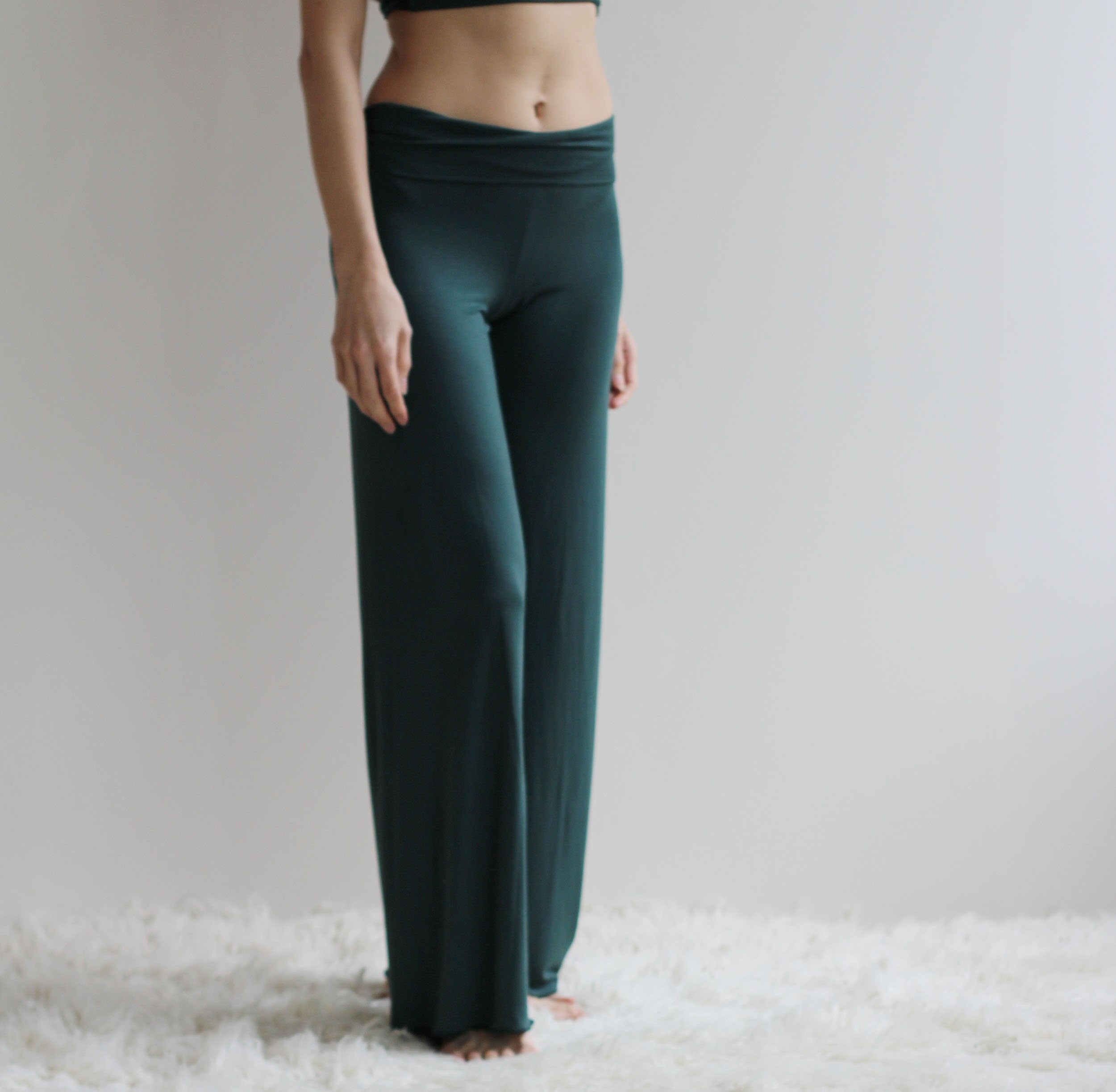 bamboo foldover lounge pants with a wide leg, pajama pants, bamboo pj's, yoga pants, Ready to Ship, various Sizes, Forest Green
