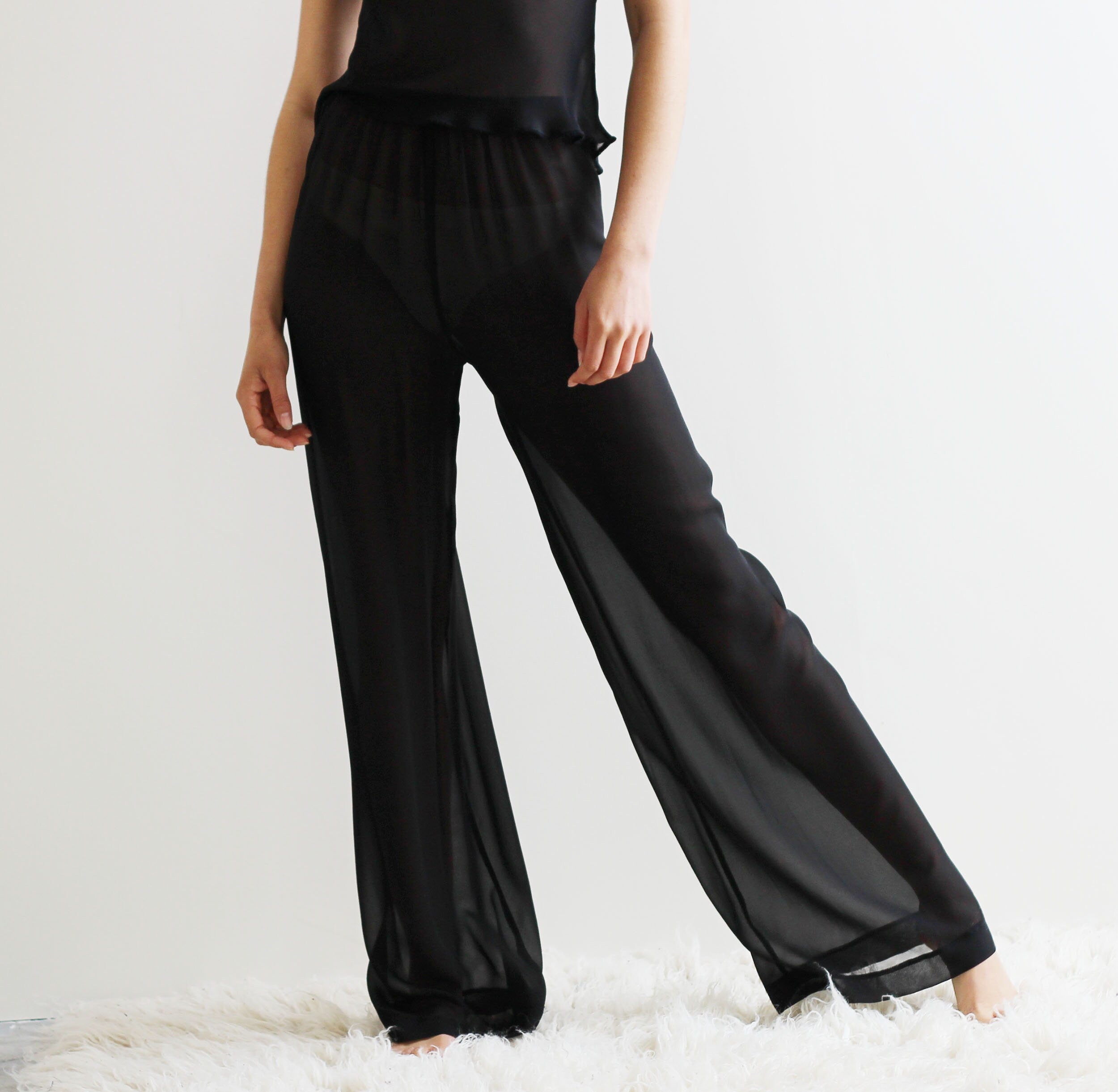 Silk Georgette Pants with palazzo legs and high waist, Silk Pajamas, Sheer Lingerie - made to order