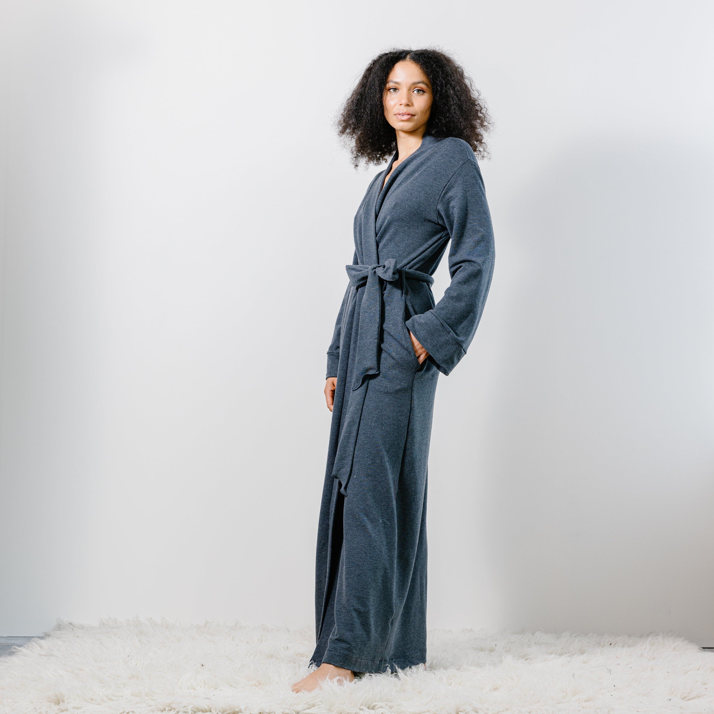 Womens Long Robe with pockets in Tencel and Organic Cotton Stretch French Terry, Ready to Ship, Various Sizes, Charcoal