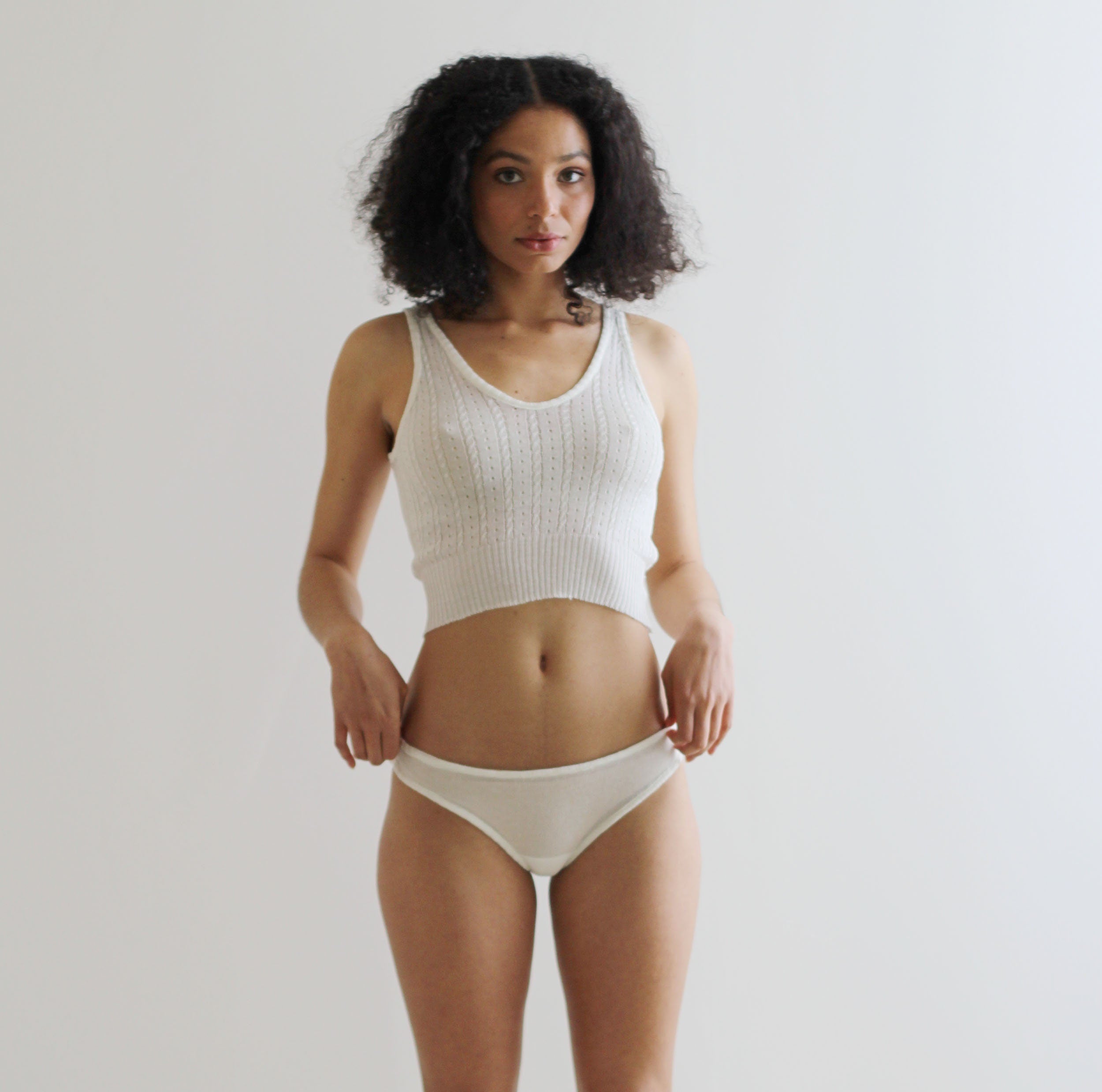 silk cashmere cropped tank top in lacy pointelle, Knitwear Camisole, Sheer Lingerie, Ready to Ship, Various Sizes- Ivory