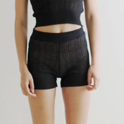 sheer silk and cashmere knit tap pant shorts in pointelle cable knit lace