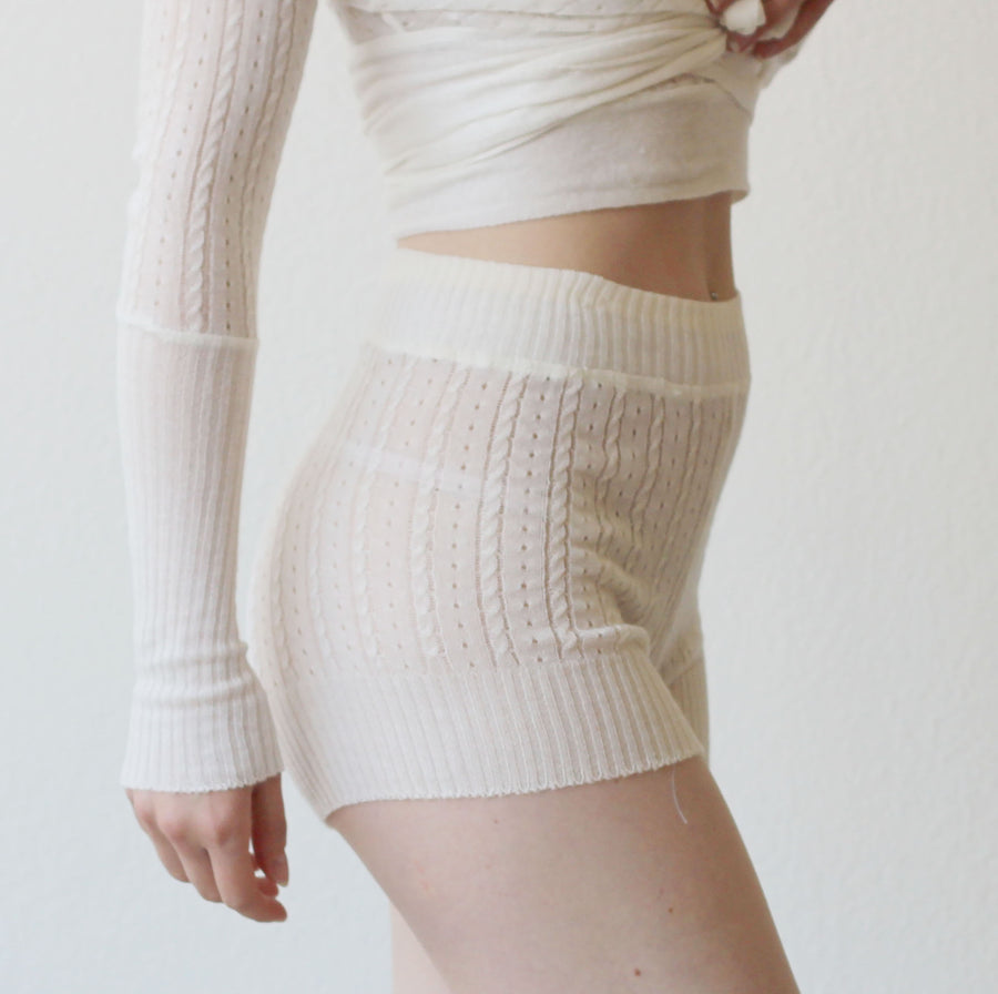 silk and cashmere knit tap pant shorts in sheer pointelle lace
