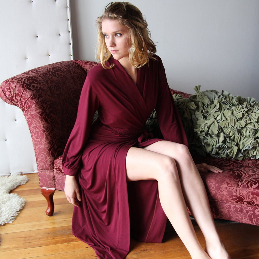 Bamboo Lounge Robe: Bishop Sleeves, Wrap Belt, Large