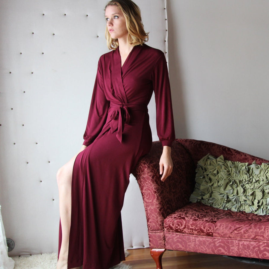 Bamboo Lounge Robe: Bishop Sleeves, Wrap Belt, Large