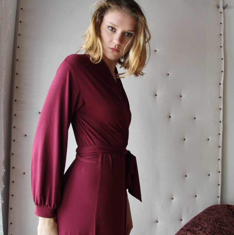Bamboo Lounge Robe: Bishop Sleeves, Wrap Belt, Large