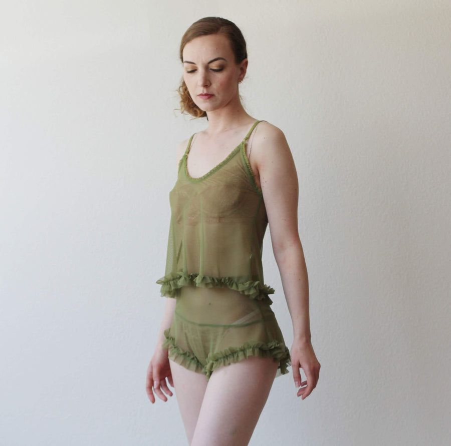 Sheer lingerie set including cropped ruffled camisole and high waisted tap pants