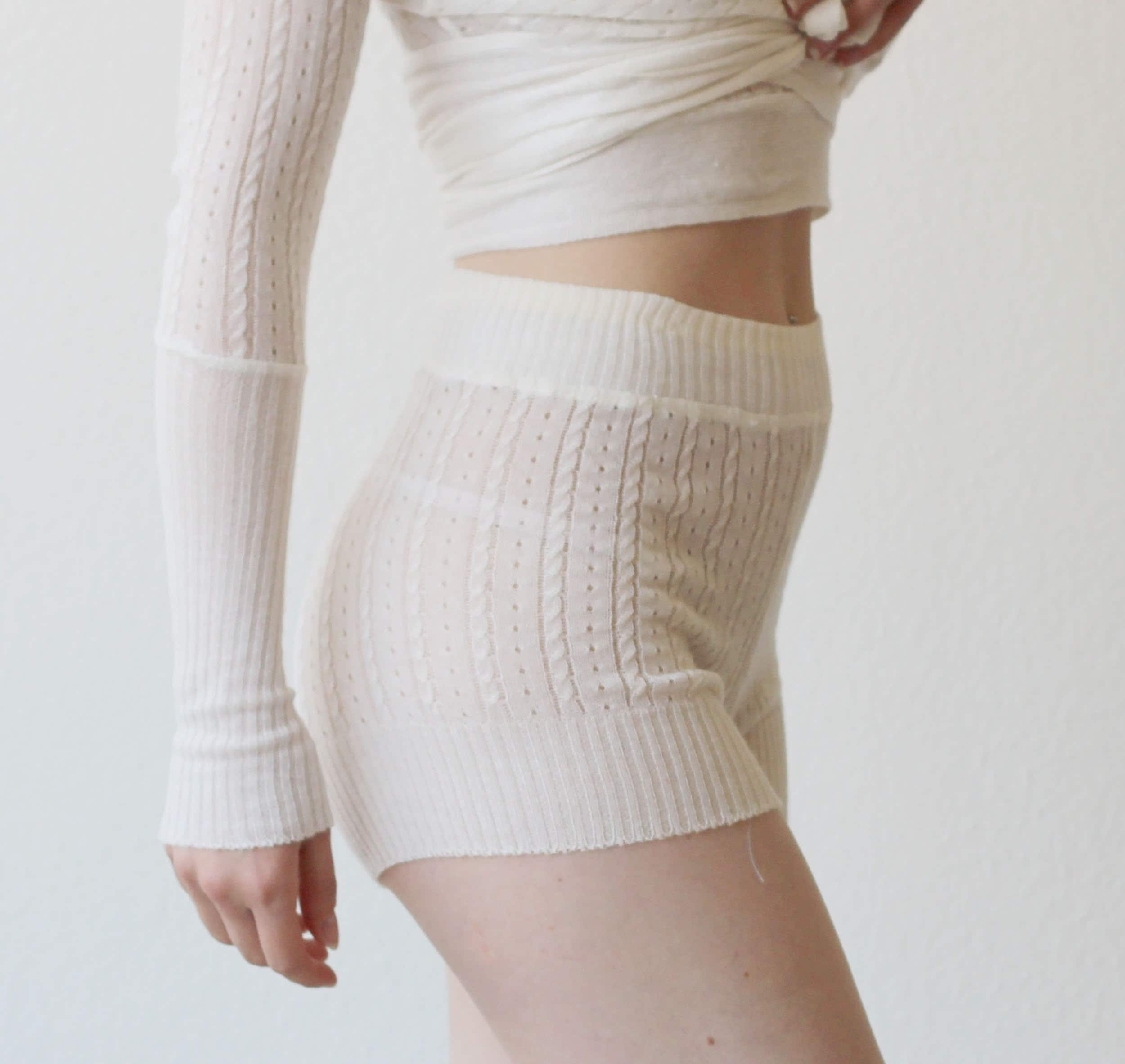 silk and cashmere knit tap pant shorts in sheer pointelle lace knit