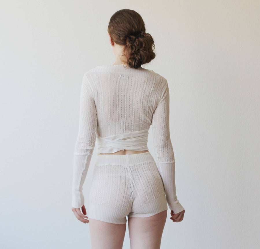 sheer silk and cashmere knit tap pant shorts in pointelle lace knit