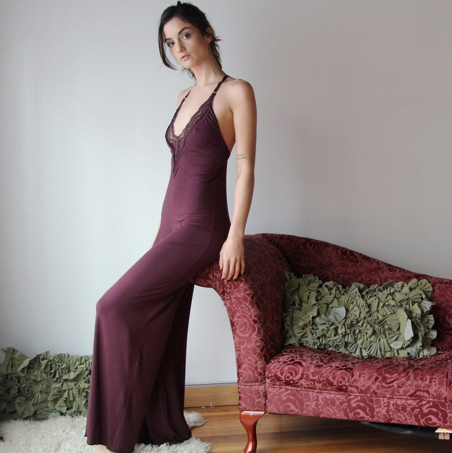 bamboo lingerie jumpsuit with plunging lace neckline