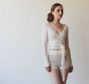 silk and cashmere knit tap pant shorts in sheer pointelle lace knit