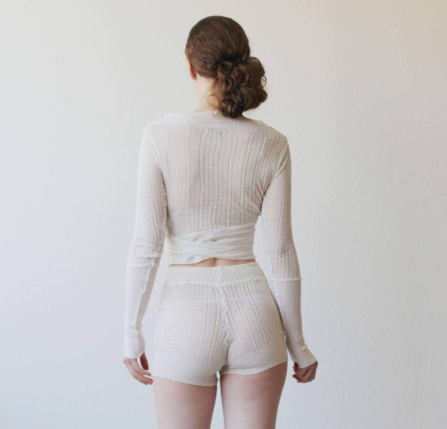 silk and cashmere knit tap pant shorts in sheer pointelle lace knit