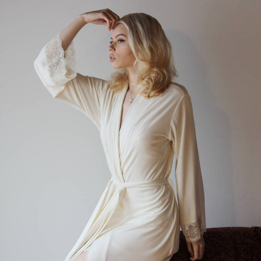 Bamboo Bridal Robe with Lace Sleeves, Size Small