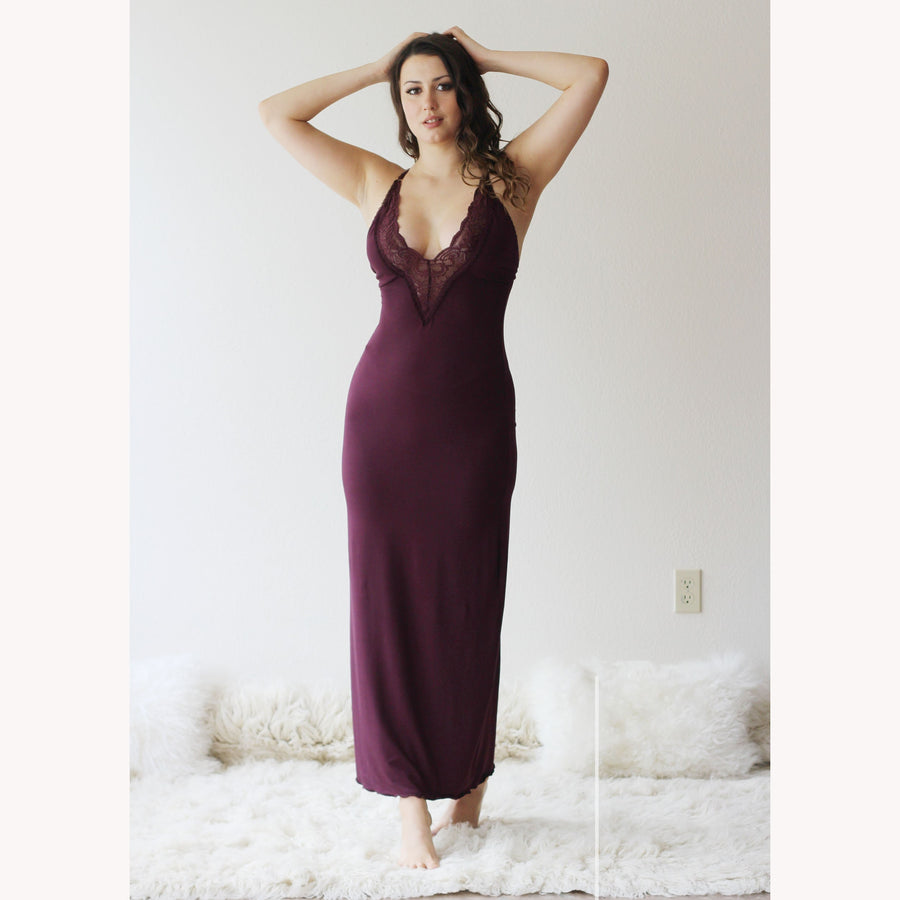 Long Bamboo Nightgown with plunging lace neckline