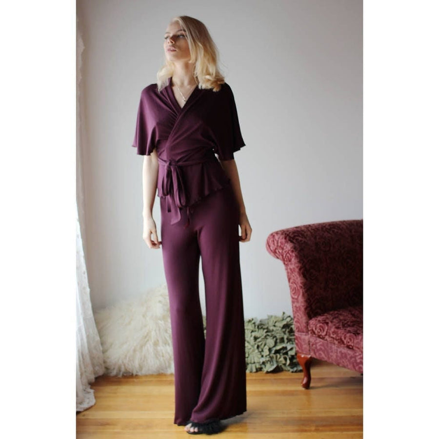 womens pajama set including bamboo lounge pants and wrap bed jacket