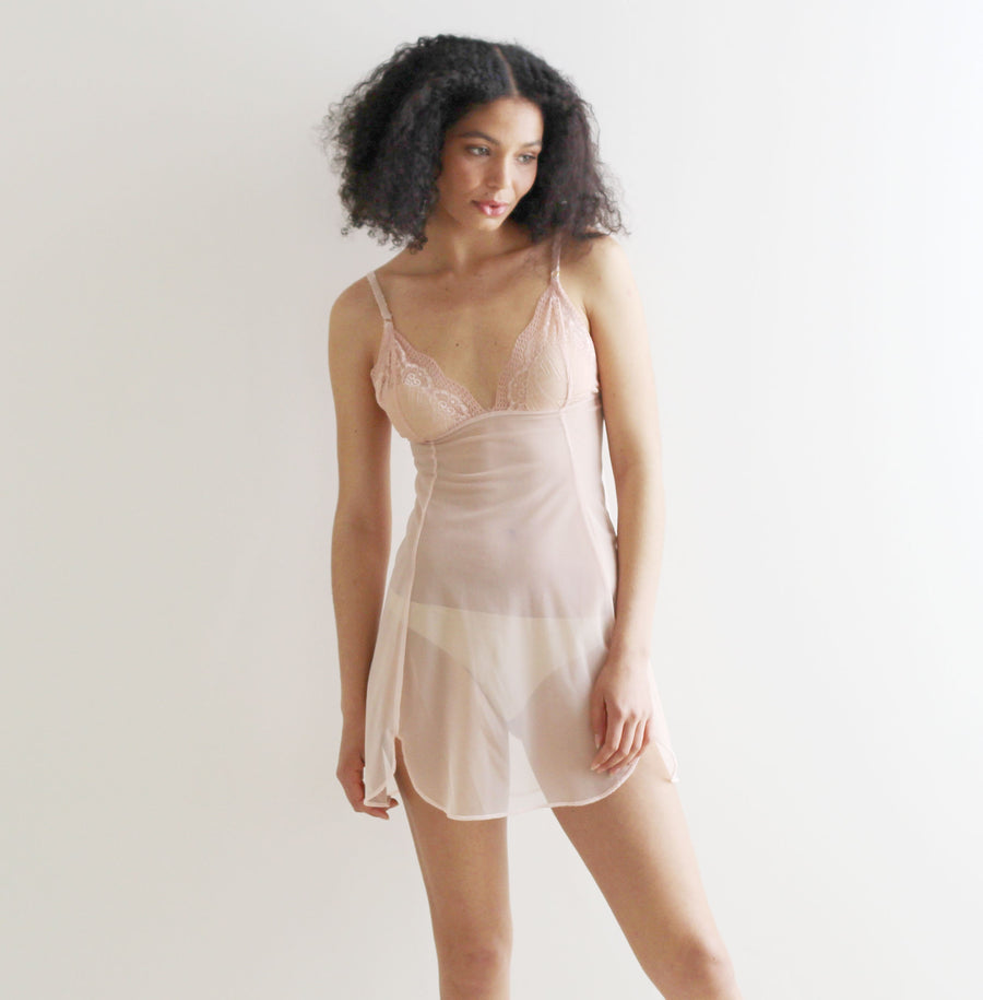 Sheer mesh nightgown with lace cups and scalloped hemline