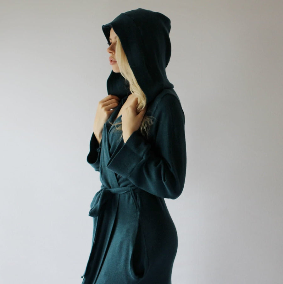 Womens Long Wool Robe with Pockets and Hood