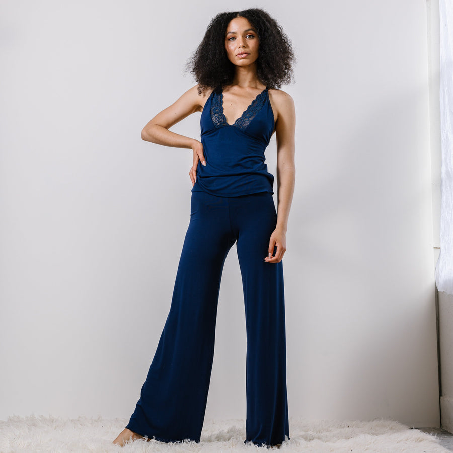 Bamboo Pajama Set: Lace Cami & Wide Leg Pants, Size Large