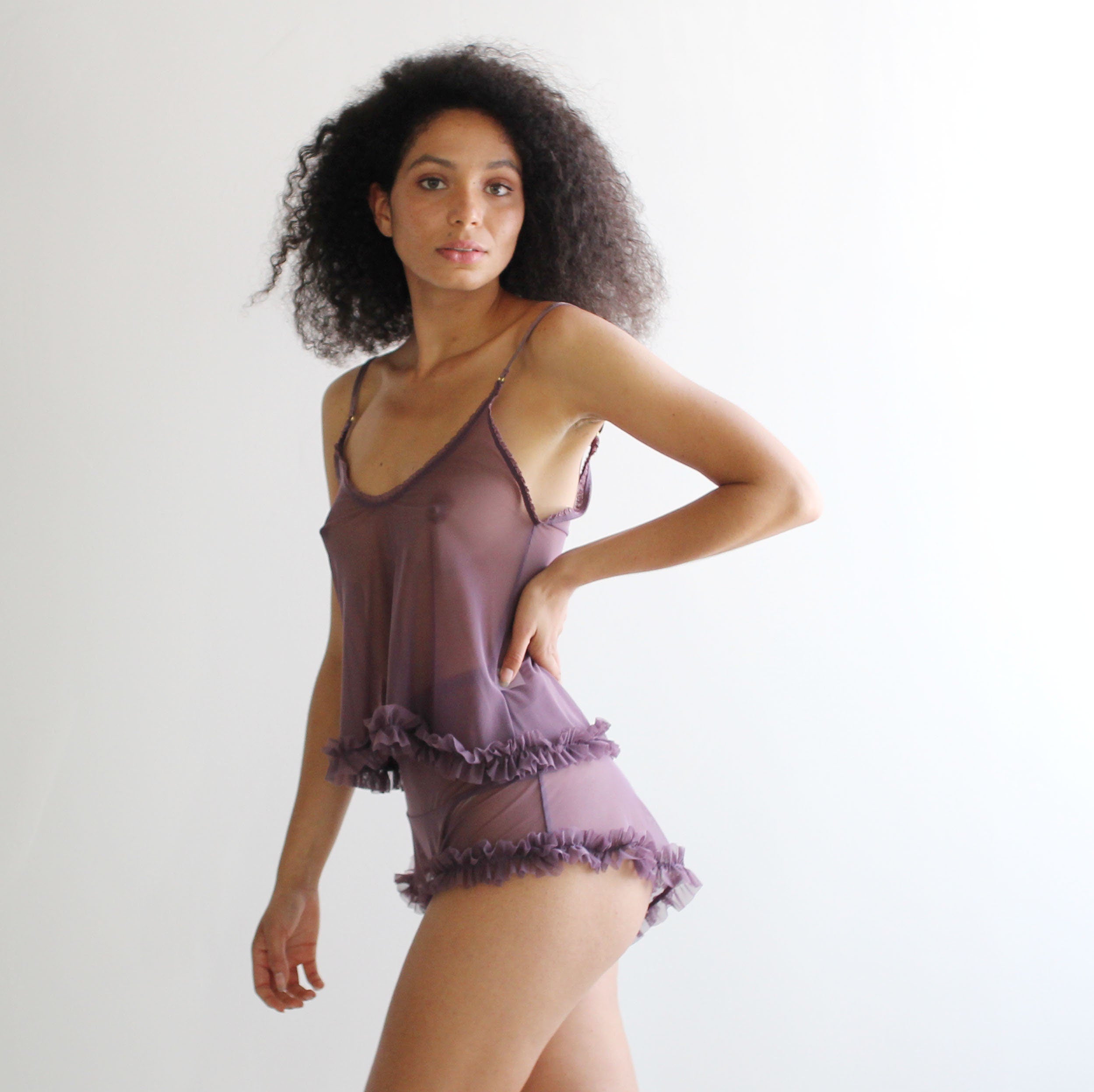 Sheer lingerie set including cropped ruffled camisole and high waisted tap pants