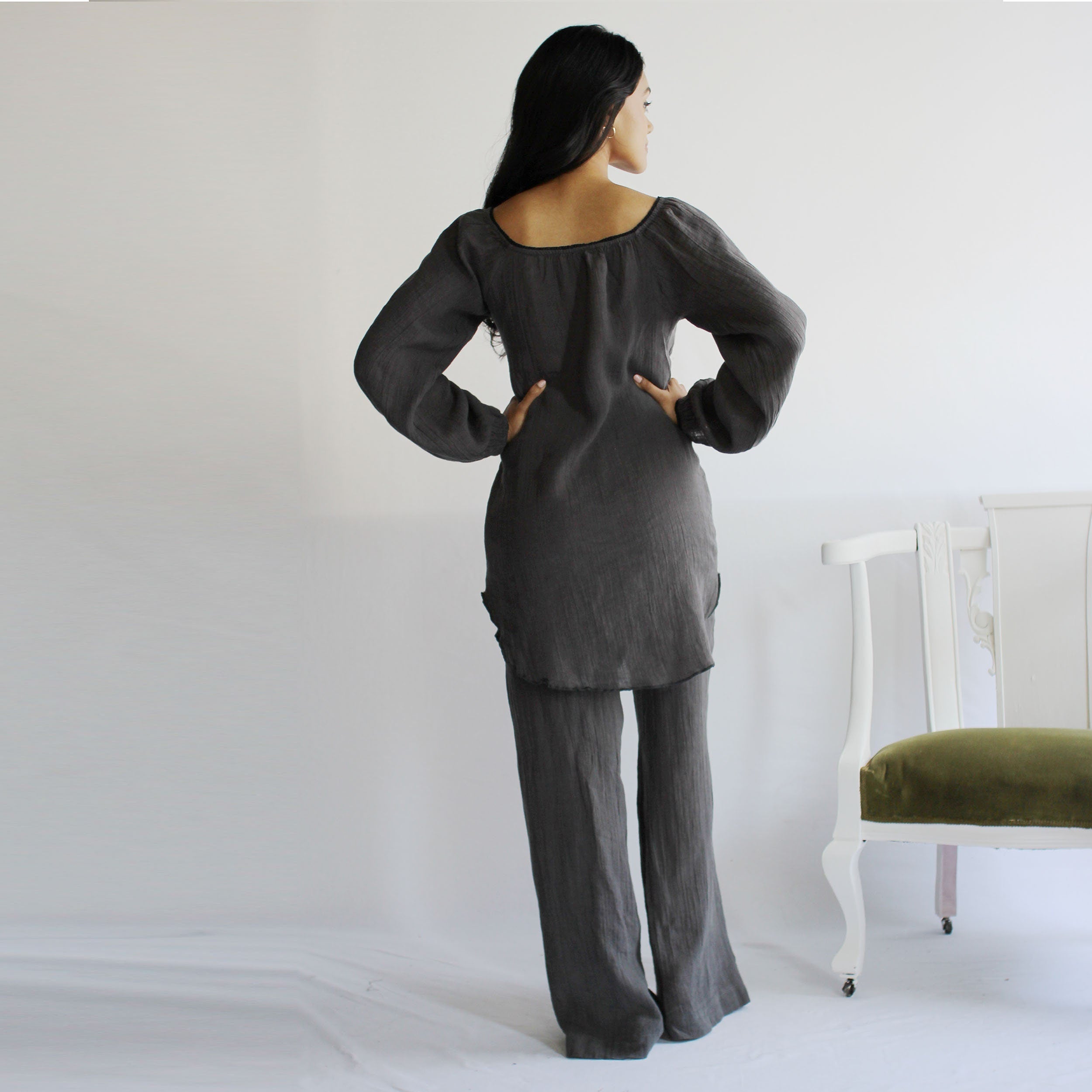 Linen Pajama Set including Bishop Sleeve Tunic Chemise and Elastic Drawstring Waist Pant