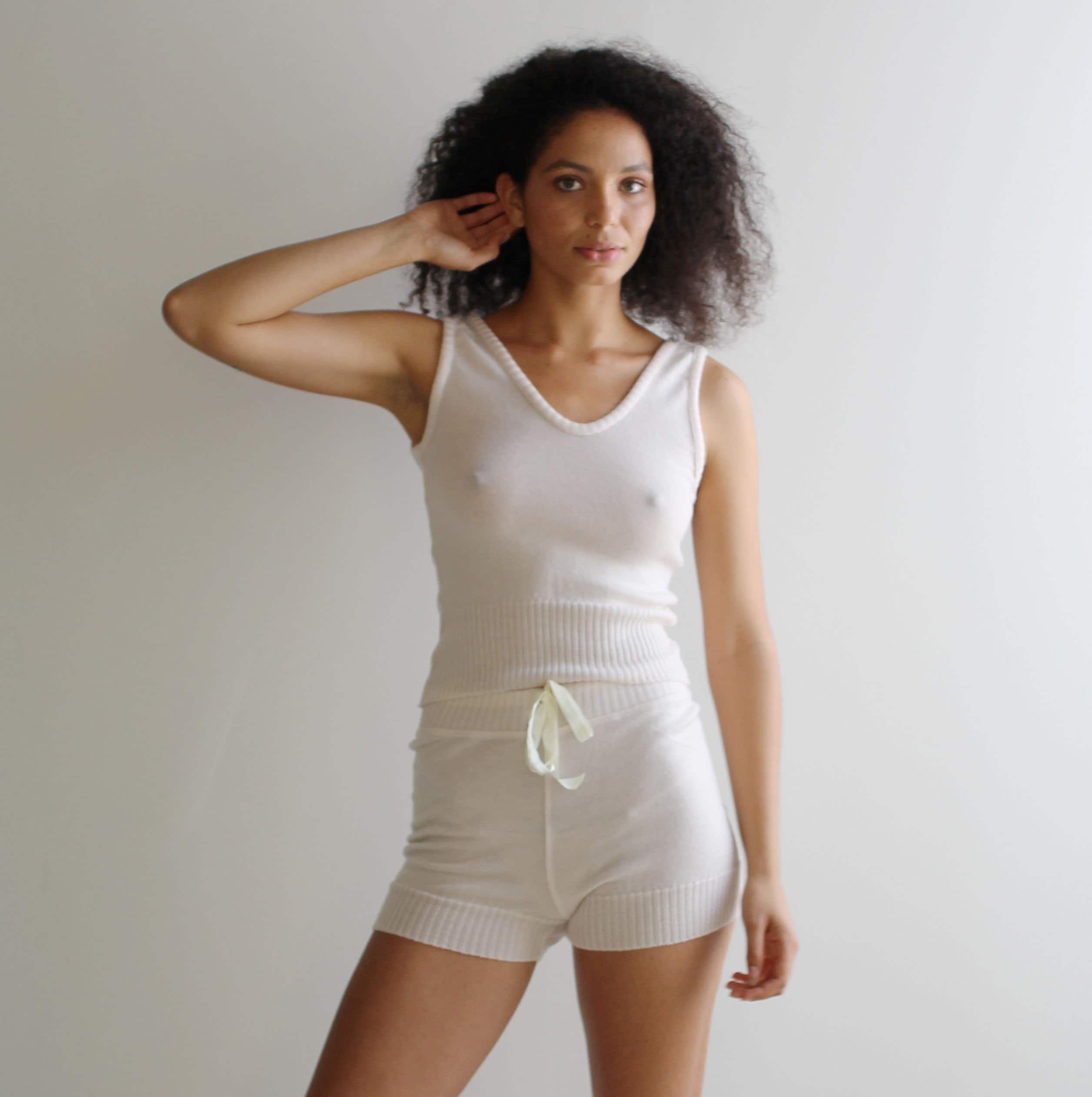 Merino Wool Knit Shorts: Women's Loungewear Boxer Shorts, Natural and Berry