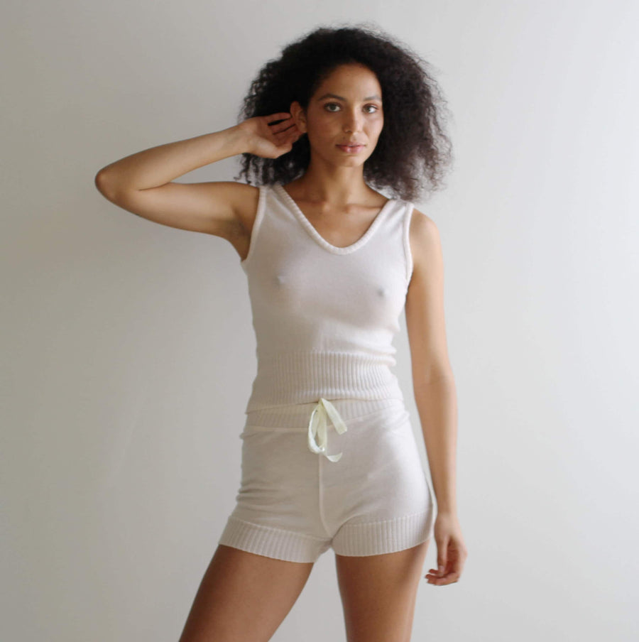 Merino Wool Knit Shorts: Women's Loungewear Boxer Shorts, Natural and Berry