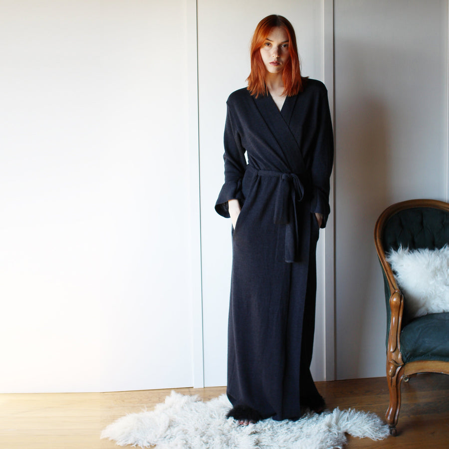 Merino Wool Robe: Long Knit Robe with Pockets, Large