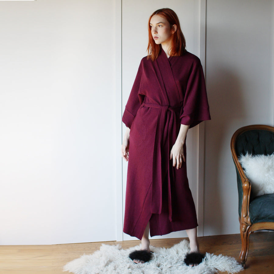 Midi Wool Kimono Robe with Pockets