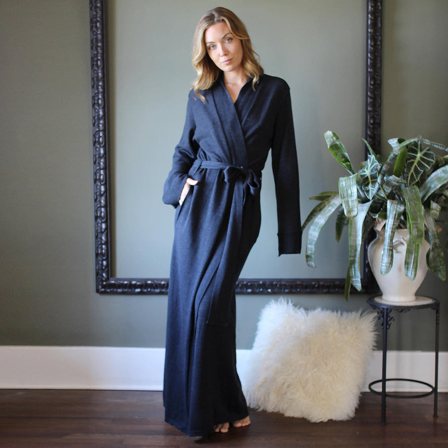 Merino Wool Robe: Long Knit Robe with Pockets, Large