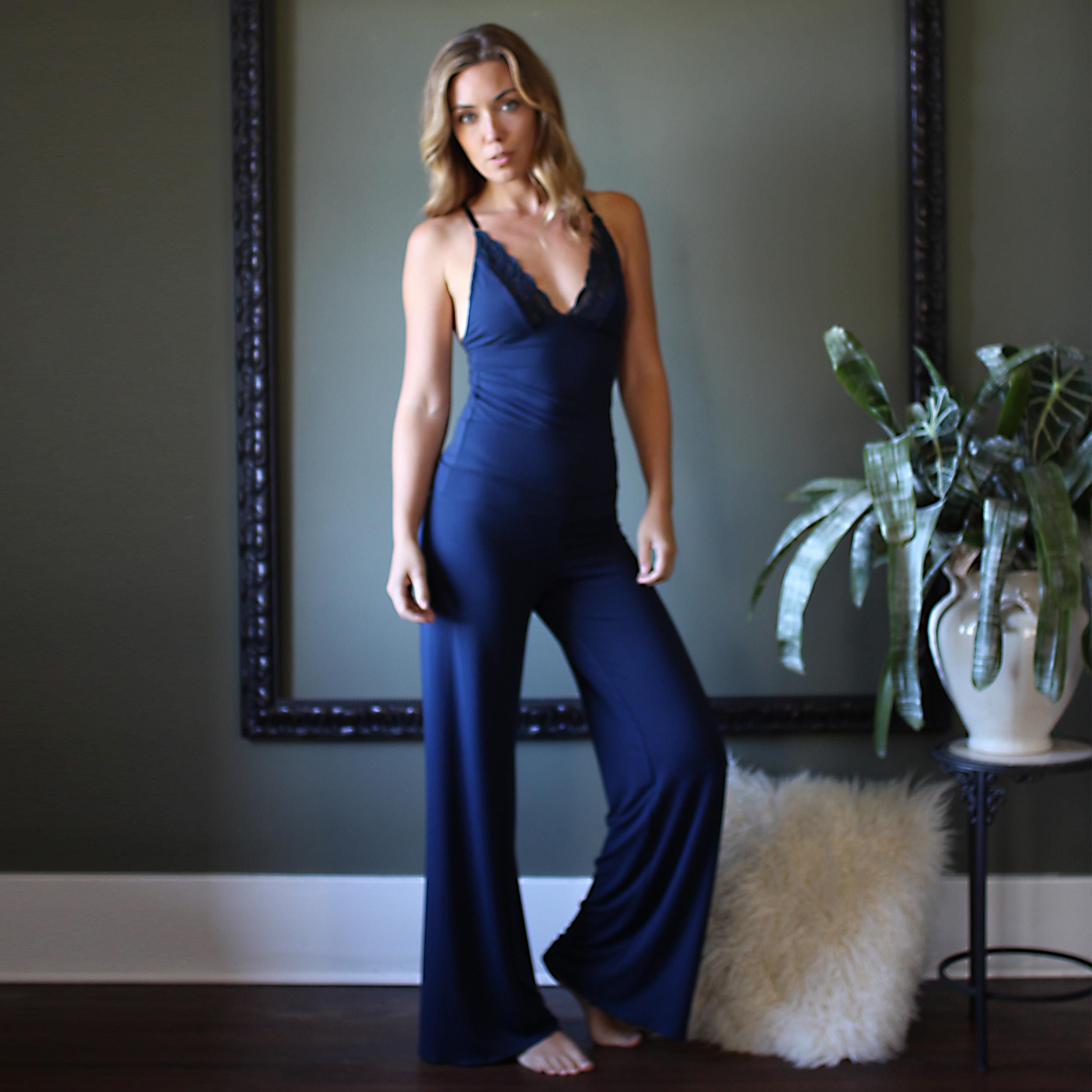 Bamboo Pajama Set: Lace Cami & Wide Leg Pants, Size Large