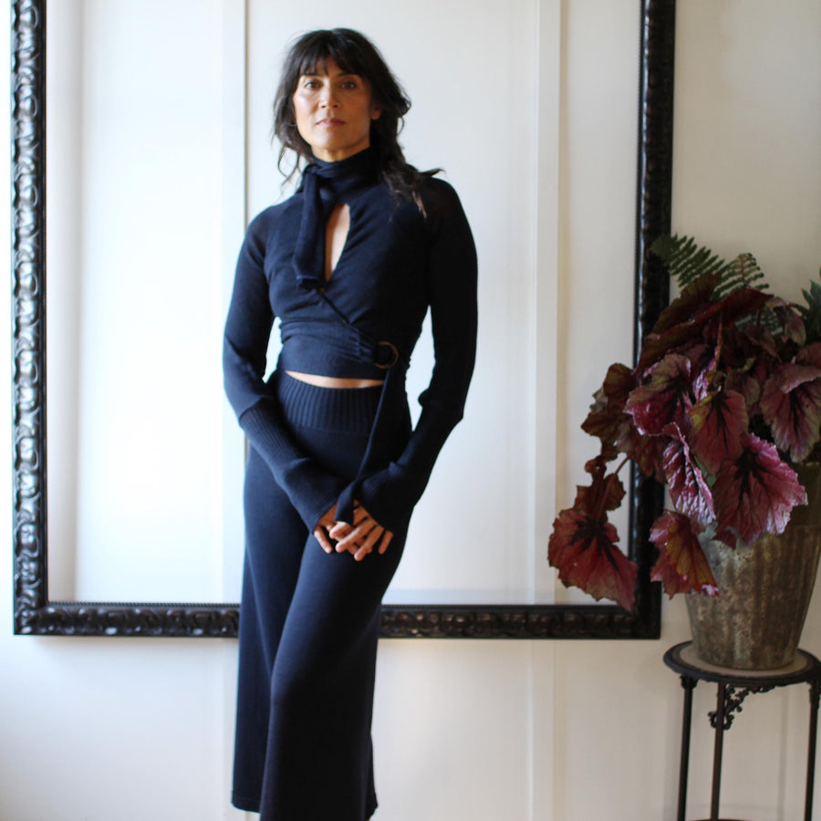 Merino Wool Gaucho Lounge Pants: USA Made Knit Sweater Pants, Size Large, Black