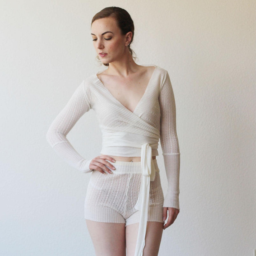 Silk Cashmere Knit Wrap Cardigan: Pointelle Lace Shrug, Large