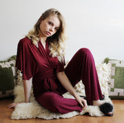 Pajama set including bamboo lounge pants and wrap bed jacket