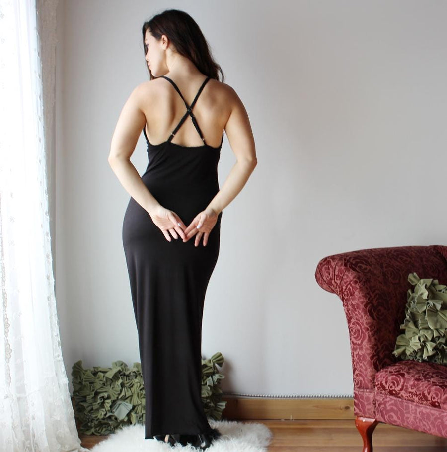 Long Bamboo Nightgown with plunging lace neckline