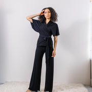 Pajama set including bamboo lounge pants and wrap bed jacket