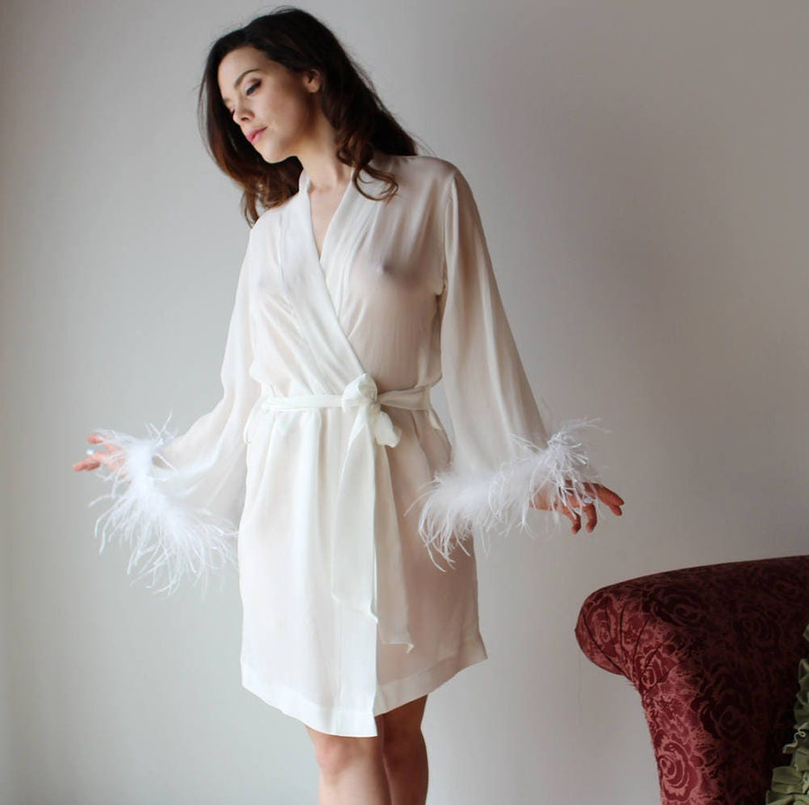 sheer silk robe with feather trim - 100% silk chiffon bridal lingerie