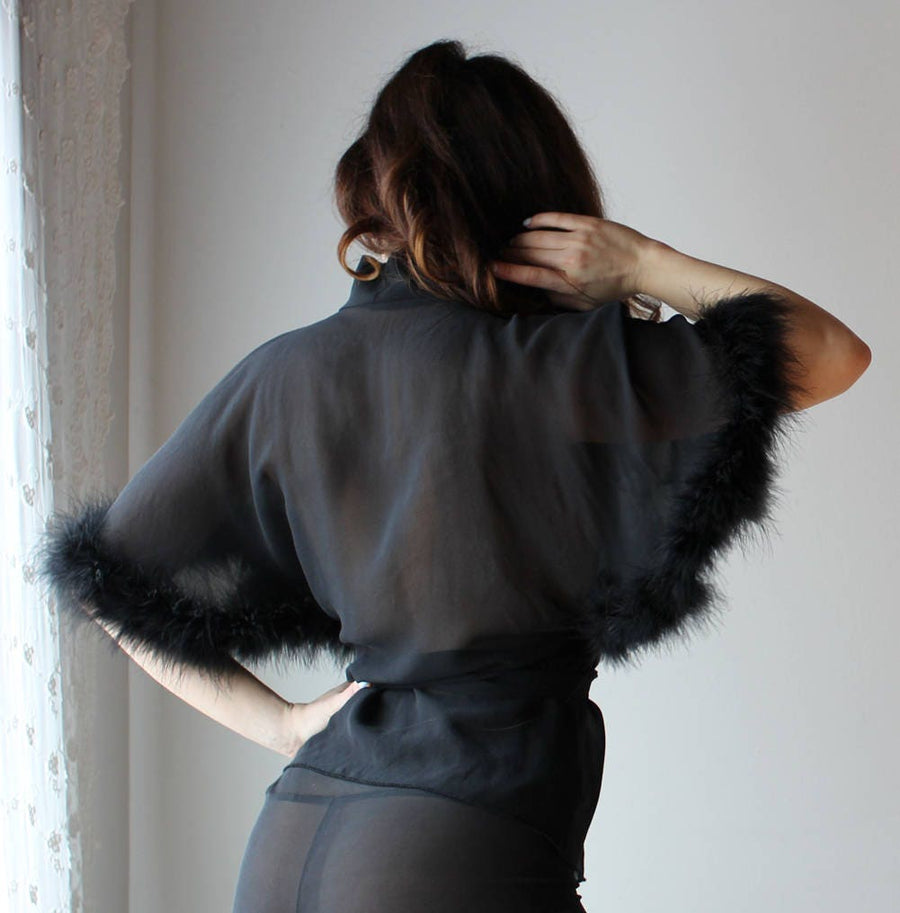 silk chiffon kimono lingerie bed jacket with feather boa trim - 100% silk chiffon bridal lingerie
