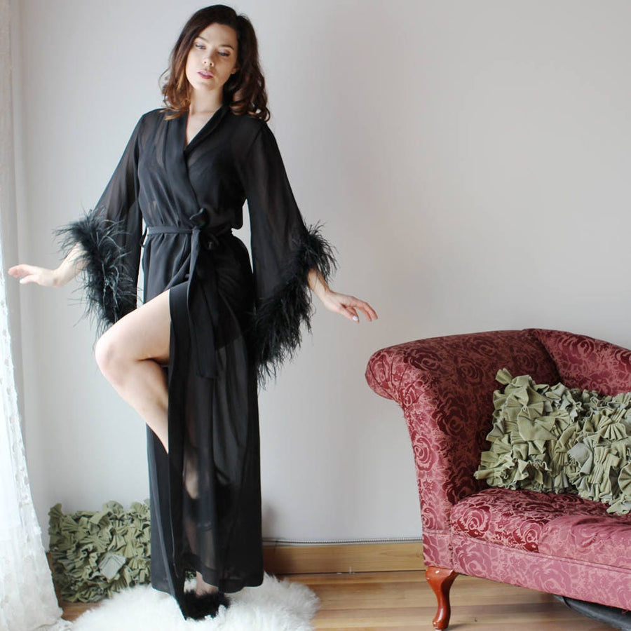 long silk robe with feather boa trim - 100% silk chiffon bridal linger –  Sandmaiden Sleepwear