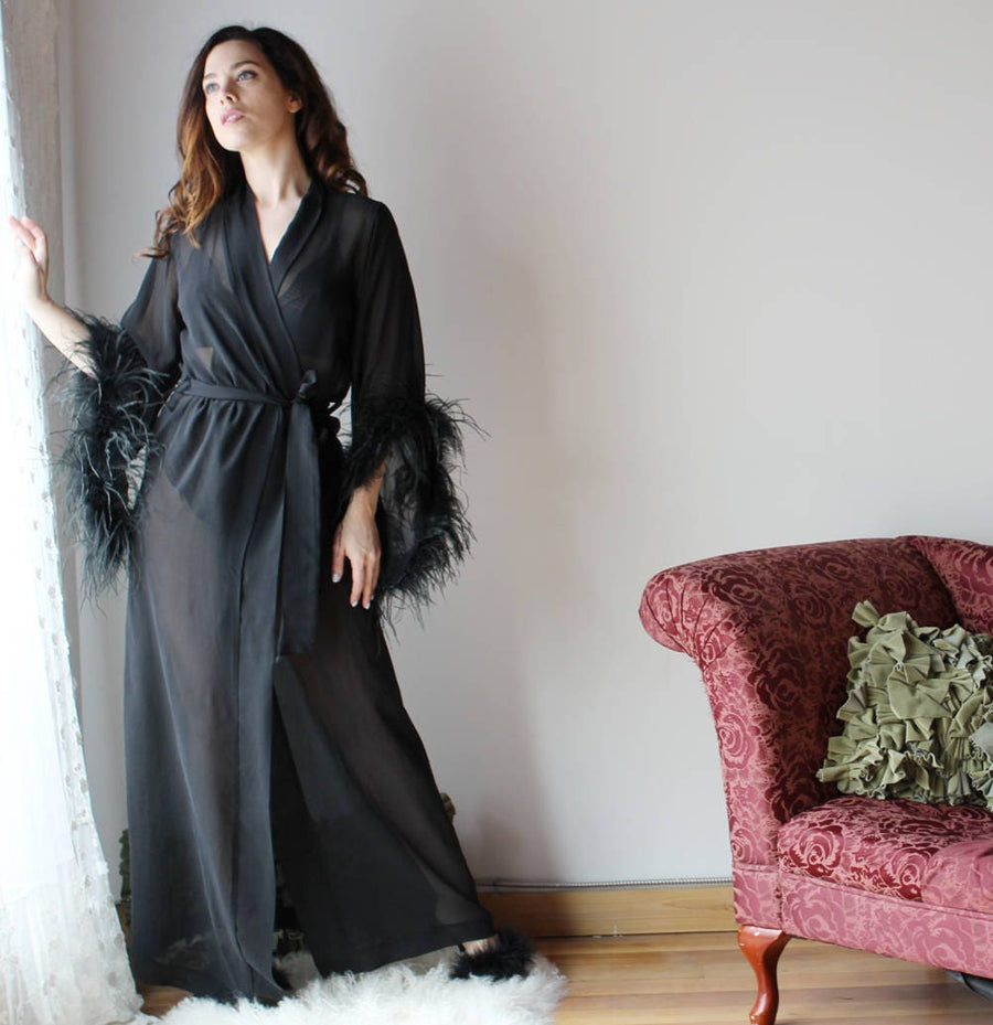 Black Silk Robe - Long Satin Robes for Women, Womens Lingerie Sexy