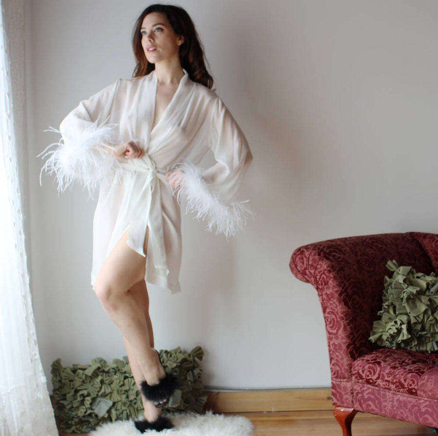 sheer silk robe with feather trim - 100% silk chiffon bridal lingerie