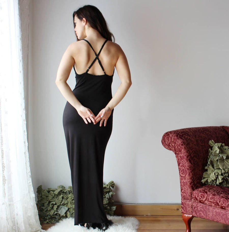 Bamboo Nightgown With Plunging Neckline, Long Nightgown, Bamboo Sleepwear, Romantic Lingerie, Ready to Ship, Various Sizes, Black