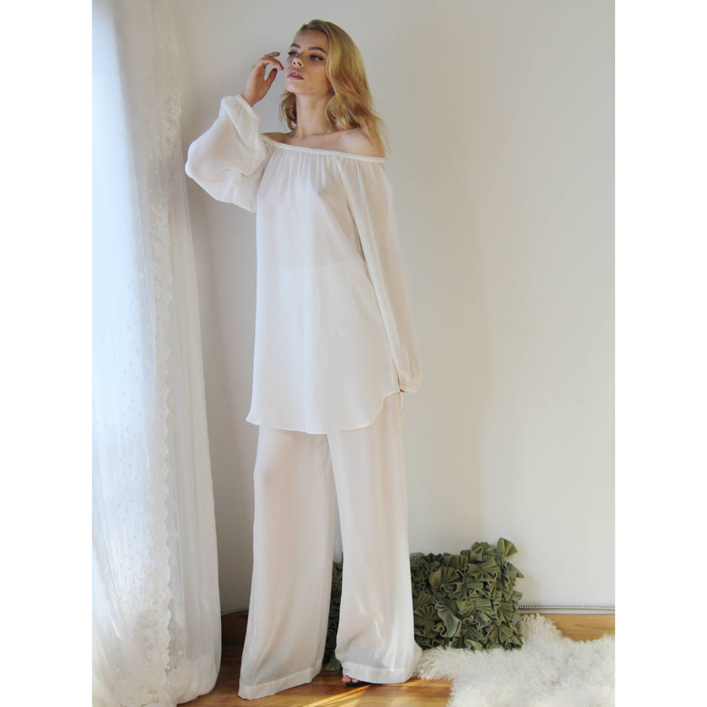 womens sheer silk sleep shirt chemise with long bishop sleeves