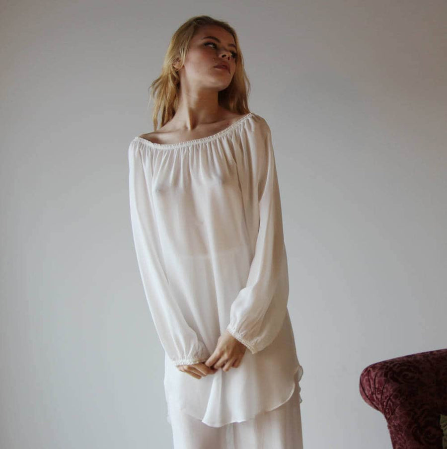 womens sheer silk sleep shirt chemise with long bishop sleeves – Sandmaiden  Sleepwear