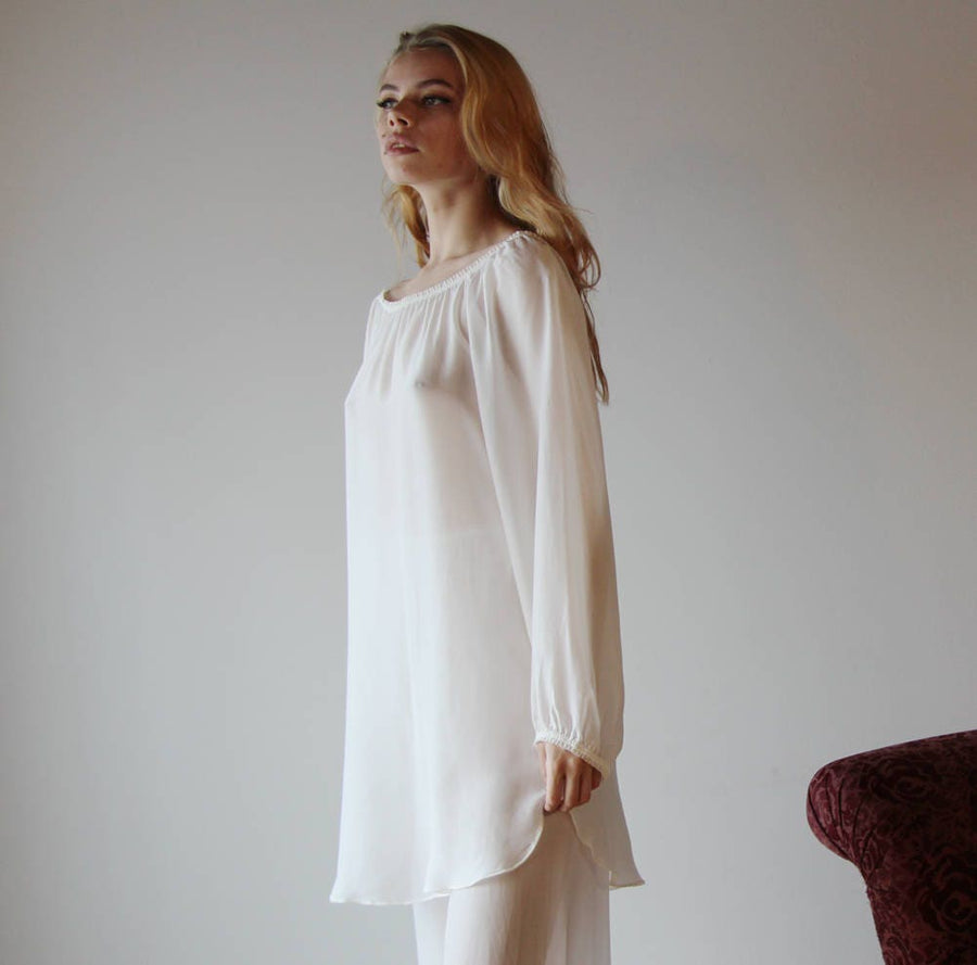 Silk Georgette sleep shirt chemise with long bishop sleeves, silk chiffon Nightgown, Ready to Ship, Off White
