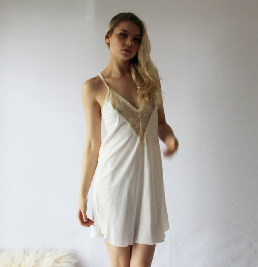 White Ribbed Slip Nightdress, Lace Trim V Neck Spaghetti Strap Sleep Dress,  Women's Sleepwear & Dresses