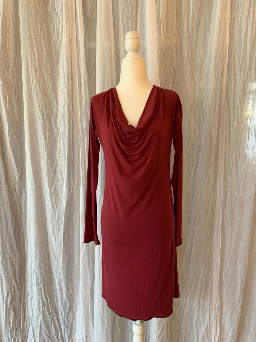 Womens Draped Neck Bamboo Dress, Womens Nightgown, Midi Dress, Loungewear, Ready to Ship in Size Small, Color Sherry Red