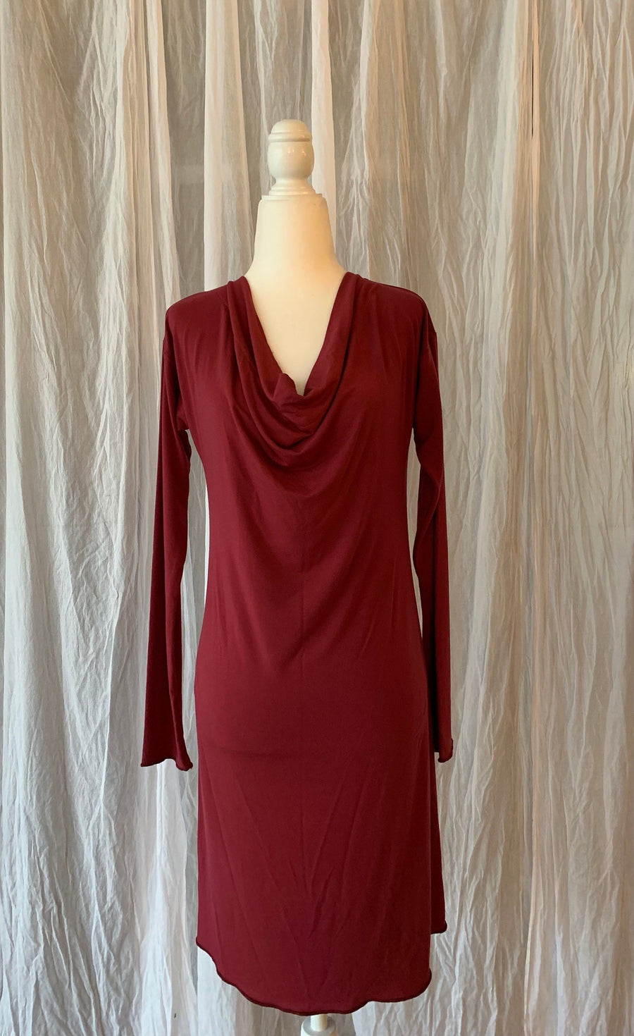 Womens Draped Neck Bamboo Dress, Womens Nightgown, Midi Dress, Loungewear, Ready to Ship in Size Small, Color Sherry Red