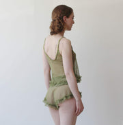 2 piece sheer lingerie set including cropped ruffled camisole and high waisted tap pants