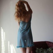 sheer lingerie babydoll chemise with ruffle hem, Cameo Blue Nightgown, Ready to Ship, Various Sizes