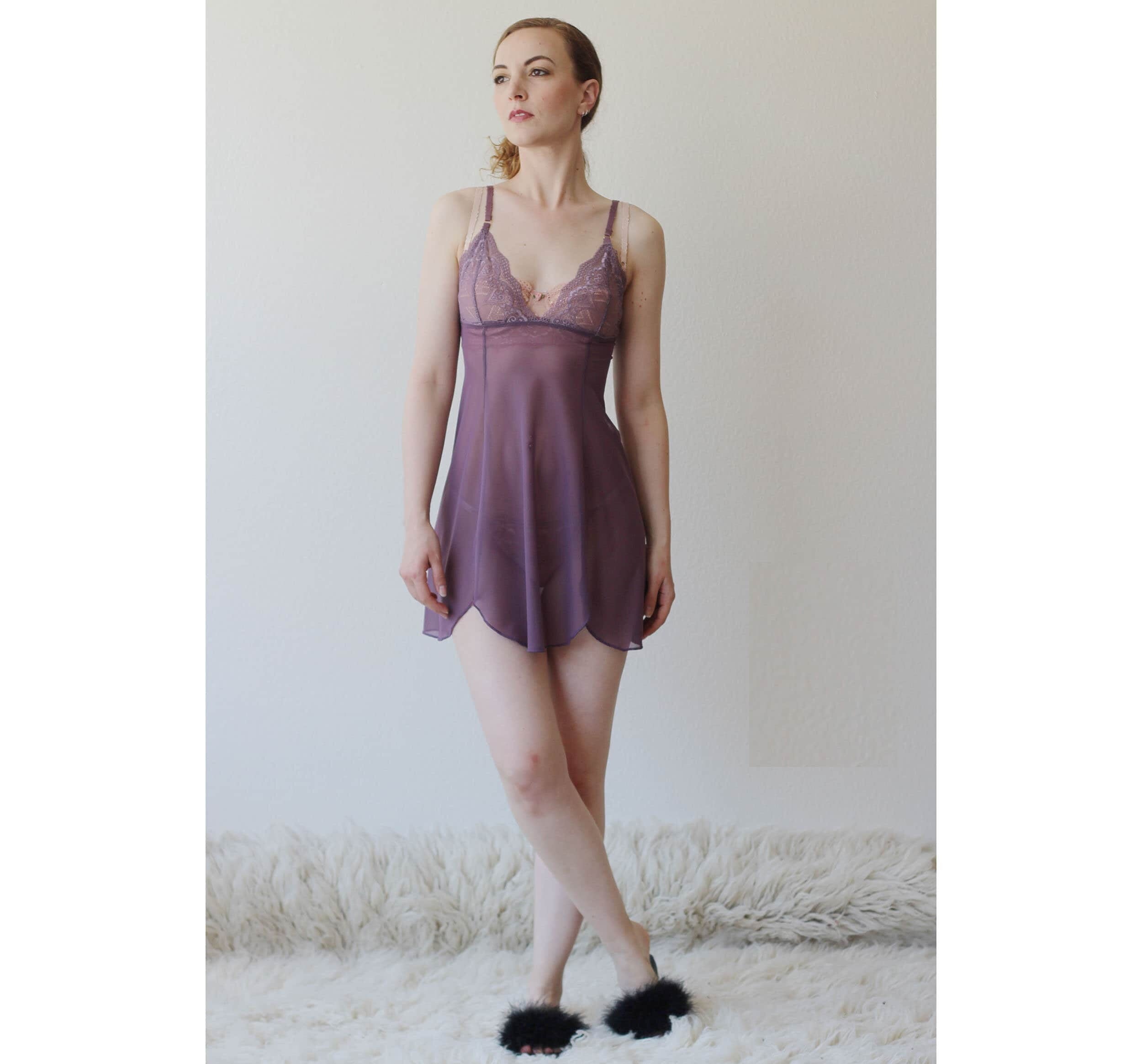 Sheer mesh nightgown with lace cups and scalloped hemline, Ready to Ship, Various Sizes, Lavender Purple